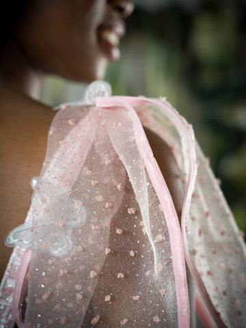 pink sheer dotted attachable sleeves with Butterfly attachments.