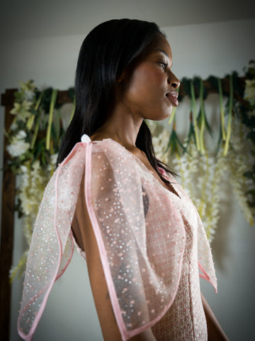 pink sheer dotted attachable sleeves with Butterfly attachments.