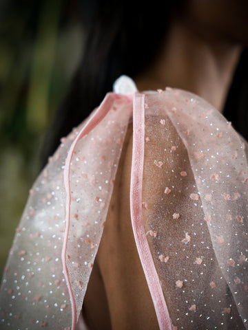 pink sheer dotted attachable sleeves with Butterfly attachments.