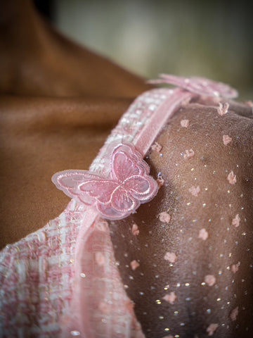 pink sheer dotted attachable sleeves with Butterfly attachments.