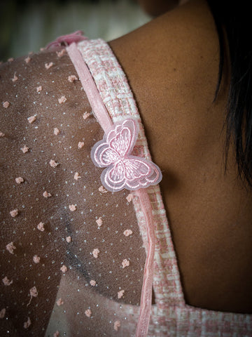 pink sheer dotted attachable sleeves with Butterfly attachments.