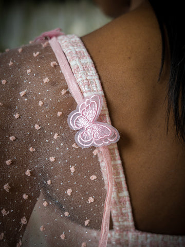 pink sheer dotted attachable sleeves with Butterfly attachments.