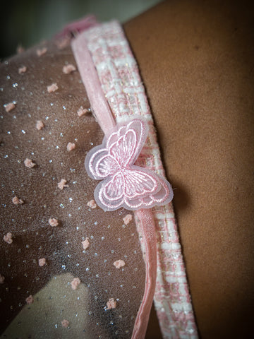 pink sheer dotted attachable sleeves with Butterfly attachments.
