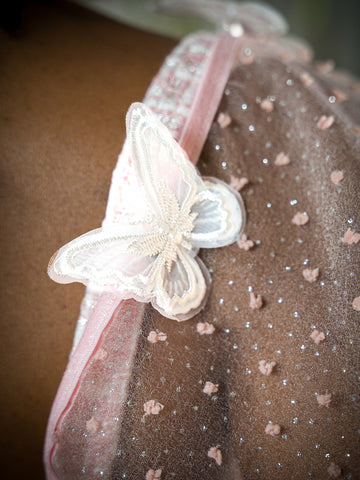 pink sheer dotted attachable sleeves with Butterfly attachments.