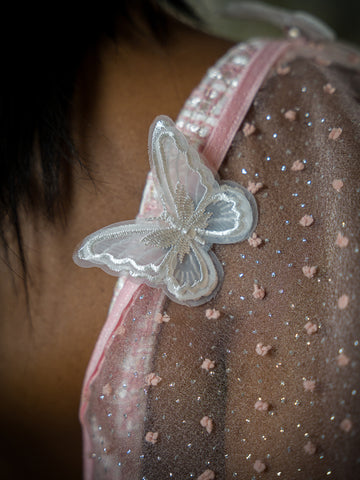 pink sheer dotted attachable sleeves with Butterfly attachments.