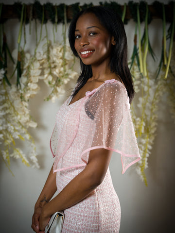 pink sheer dotted attachable sleeves with Butterfly attachments.