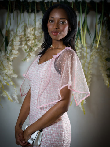 pink sheer dotted attachable sleeves with Butterfly attachments.