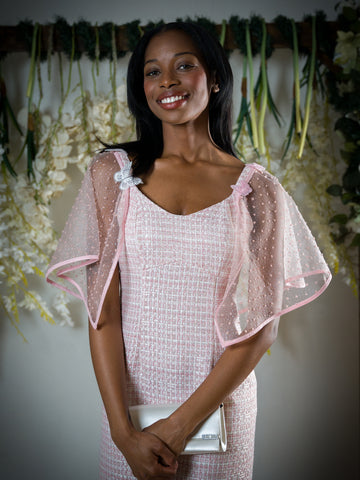 pink sheer dotted attachable sleeves with Butterfly attachments.