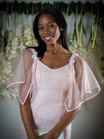 pink sheer dotted attachable sleeves with Butterfly attachments.