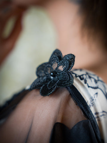 Black Floral Sheer Attachable Sleeves with fasteners.