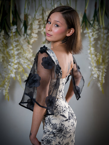 Black Floral Sheer Attachable Sleeves with fasteners.